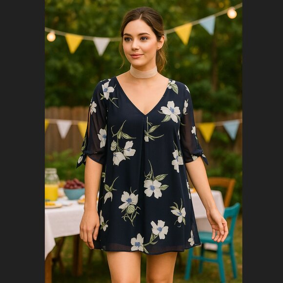 Soprano Dresses & Skirts - Soprano Navy Blue Floral Cold Shoulder Dress Sz M Slit Tie Sleeves Flowy USA NWT
